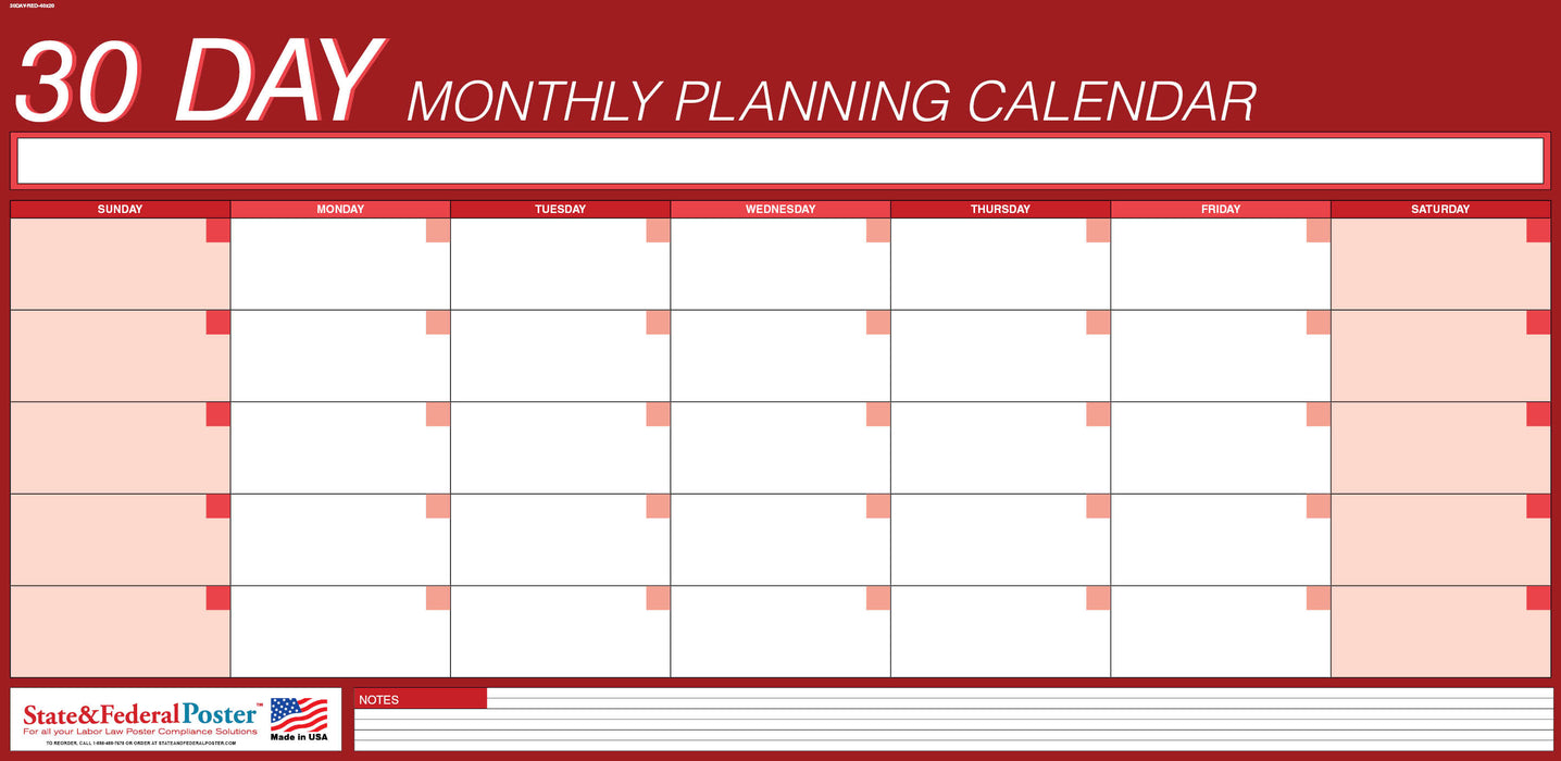 30 Day Monthly Planning Calendar 40x20 - Horizontal