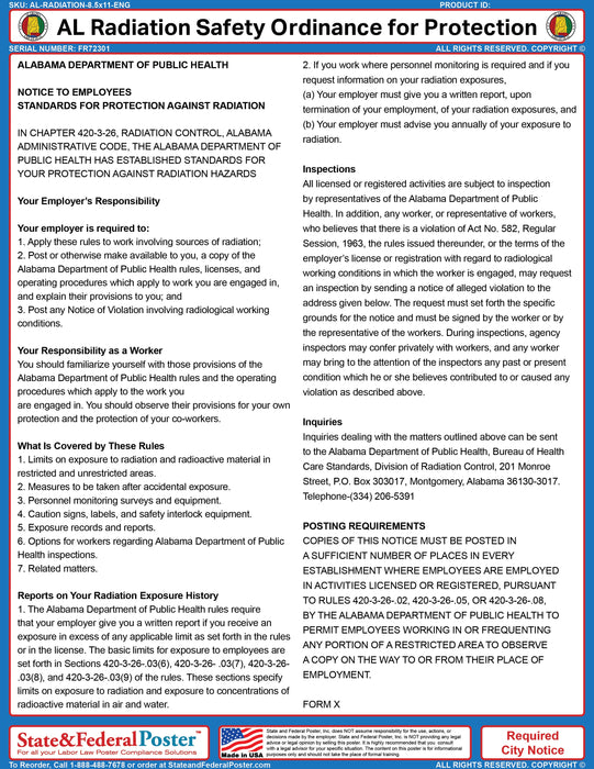 Alabama Radiation Safety Ordinance for Protection Poster - State and Federal Poster