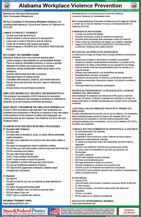 Alabama Workplace Violence Prevention Poster (Bilingual) - State and Federal Poster