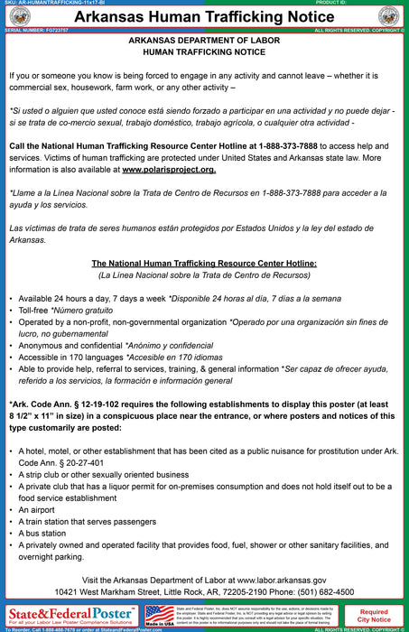 Arkansas Human Trafficking Notice (Bilingual) - State and Federal Poster