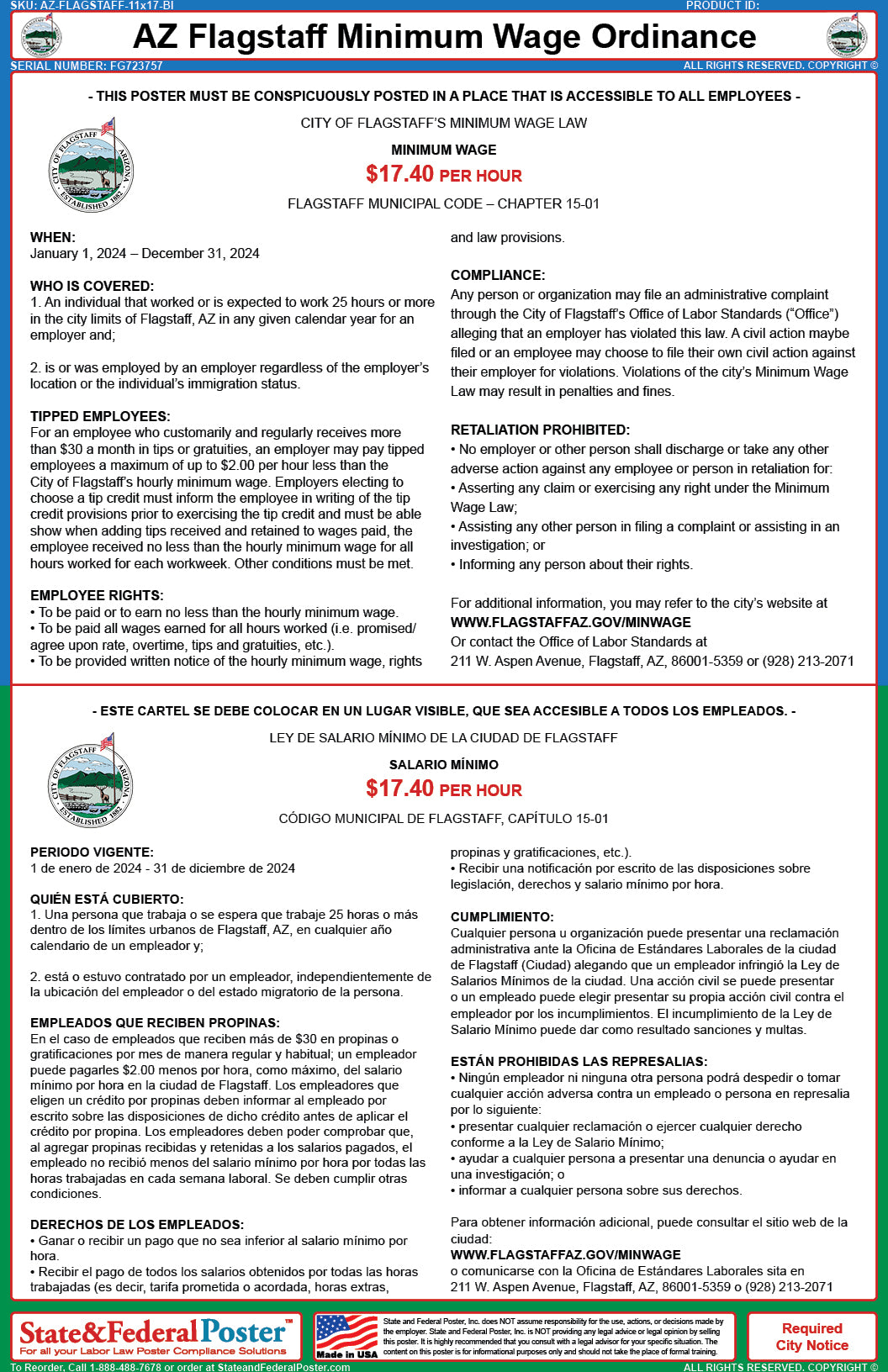 Flagstaff, Arizona Minimum Wage Ordinance Poster (Bilingual) — State Flagstaff, Arizona Minimum Wage Ordinance Poster (Bilingual) — State