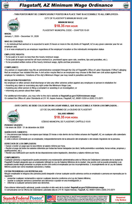 Digital Flagstaff, Arizona Minimum Wage Ordinance Poster (Bilingual)