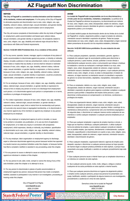 Flagstaff, Arizona Non Discrimination Notice (Bilingual) - State and Federal Poster