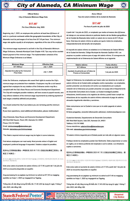 Digital Alameda, California Minimum Wage Poster (Bilingual)