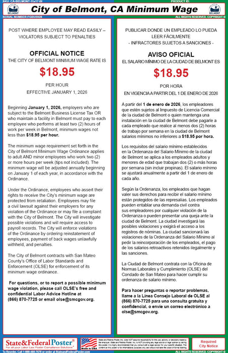 Belmont, California Minimum Wage Poster (Bilingual) - State and Federal Poster