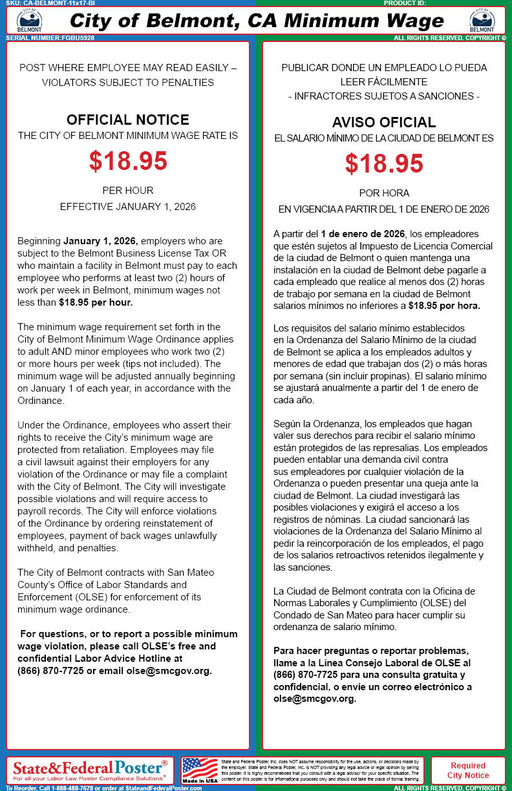 Belmont, California Minimum Wage Poster (Bilingual) - State and Federal Poster