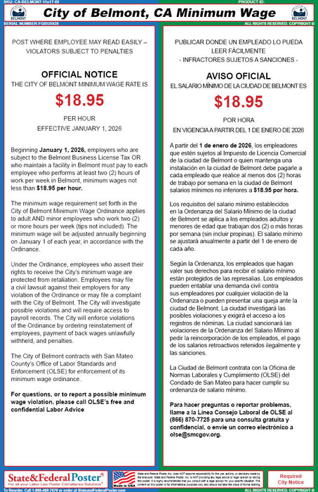 Digital Belmont, California Minimum Wage Poster (Bilingual)