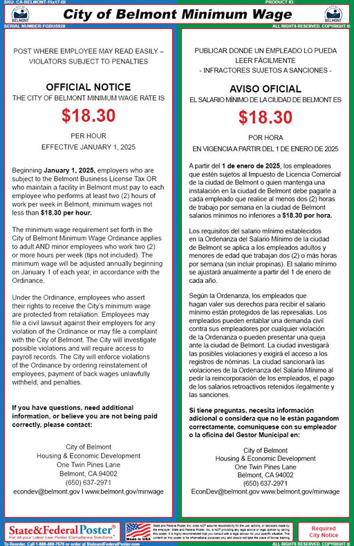 Belmont, California Minimum Wage Poster (Bilingual) - State and Federal Poster