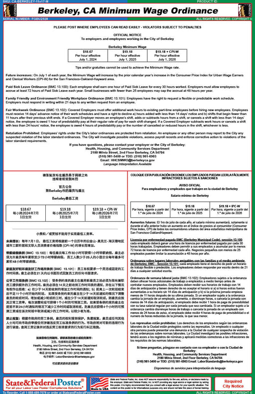 Berkeley, California Minimum Wage Ordinance Poster (Trilingual) - State and Federal Poster