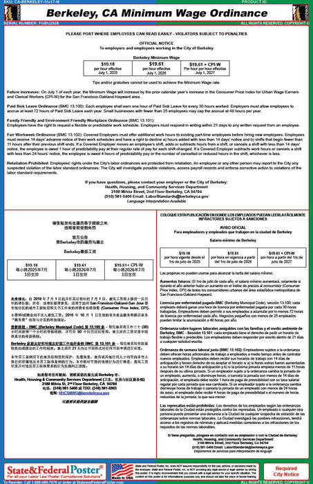 Berkeley, California Minimum Wage Ordinance Poster (Trilingual)