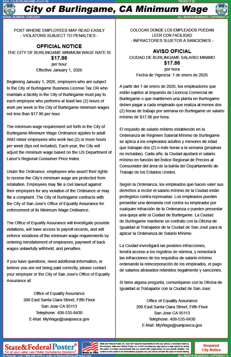 Burlingame, California Minimum Wage Poster (Bilingual) — State and ...