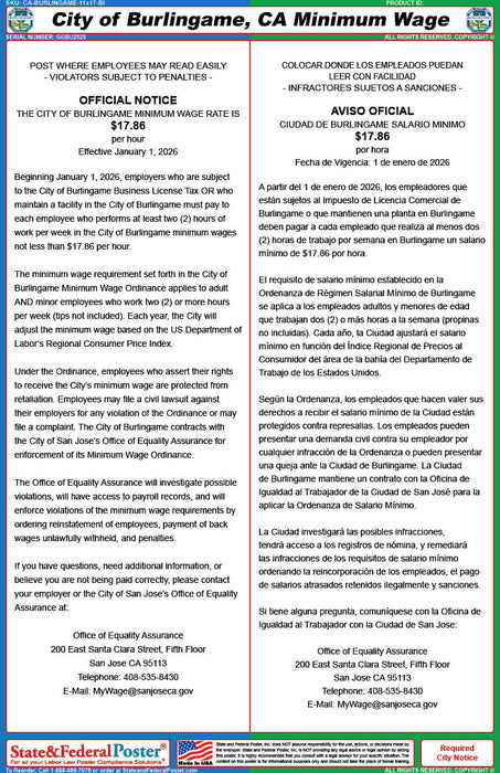 Burlingame, California Minimum Wage Poster (Bilingual)