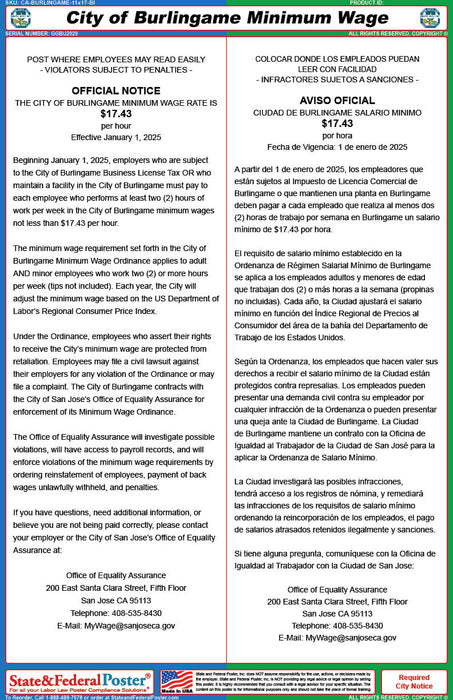 Digital Burlingame, California Minimum Wage Poster (Bilingual)