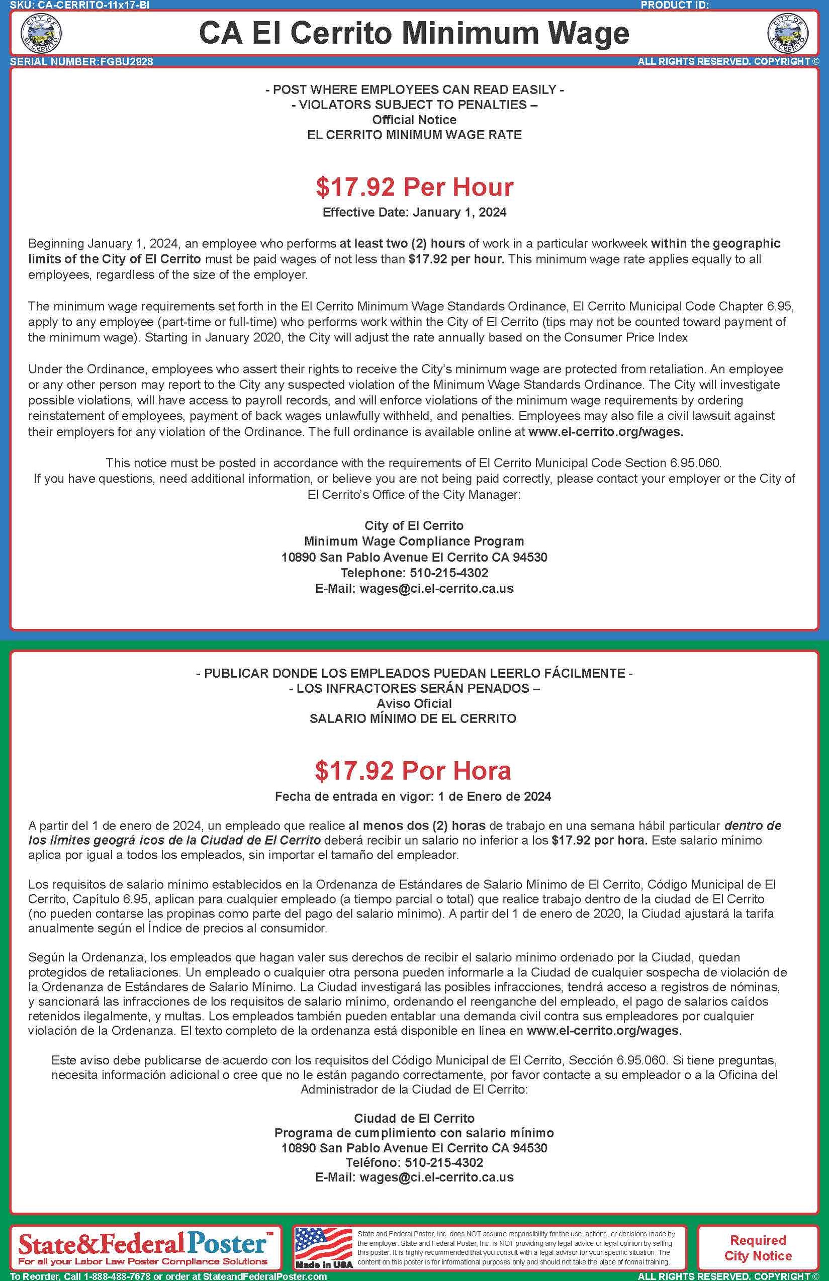 El Cerrito, California Minimum Wage Poster (Bilingual) — State and