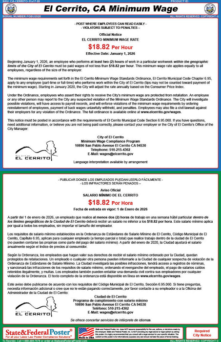 El Cerrito, California Minimum Wage Poster (Bilingual)