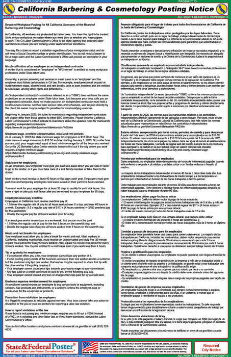 Digital California Barbering & Cosmetology Labor Ordinance Poster (Bilingual) - State and Federal Poster