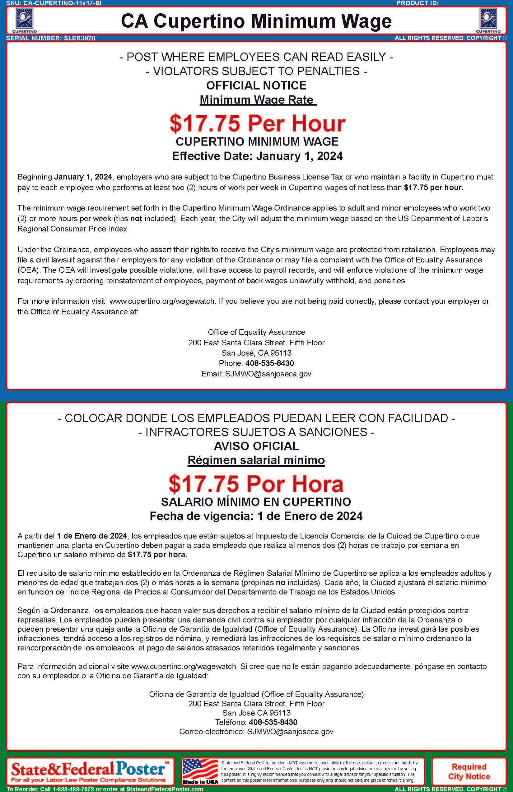 Cupertino, California Minimum Wage Poster (Bilingual) — State and