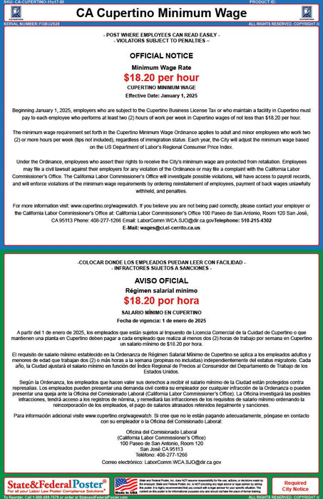 Cupertino, California Minimum Wage Poster (Bilingual) - State and Federal Poster
