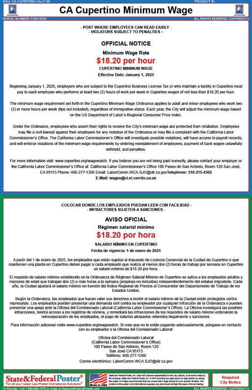 Cupertino, California Minimum Wage Poster (Bilingual) - State and Federal Poster