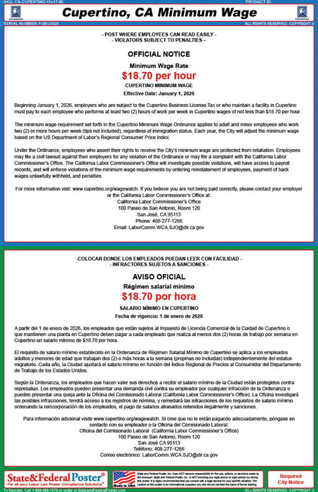 Cupertino, California Minimum Wage Poster (Bilingual)