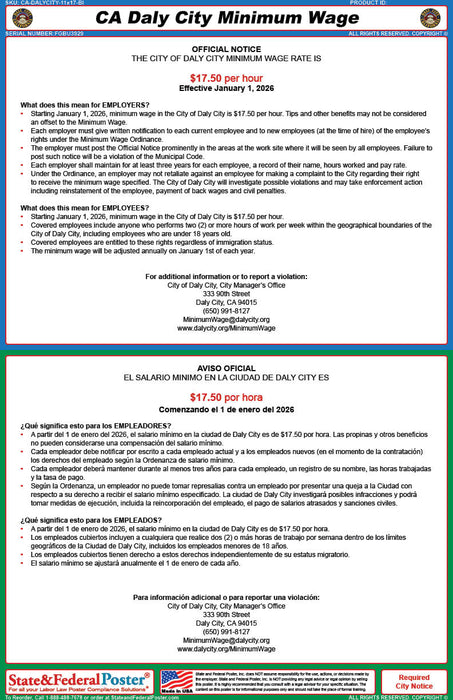 Daly City, California Minimum Wage Poster (Bilingual)