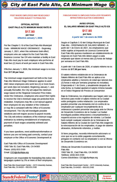 Digital East Palo Alto, California City Labor Law Poster (Bilingual)