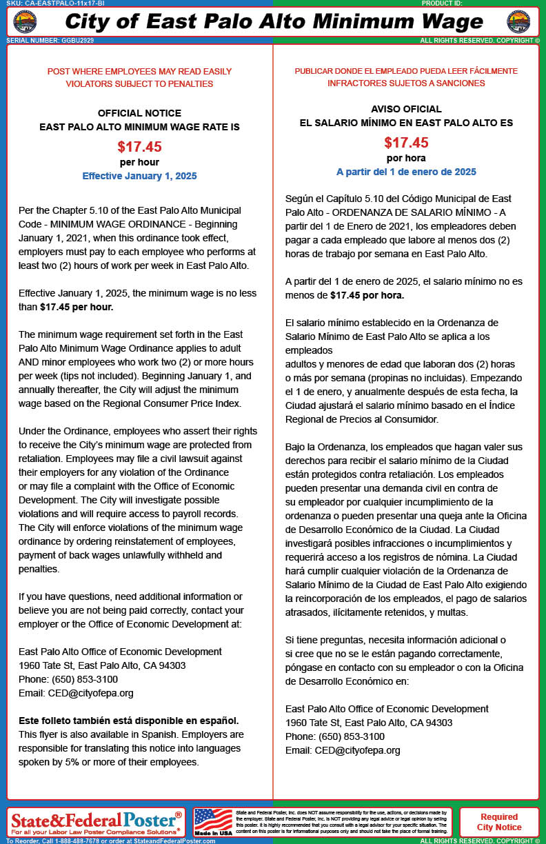 East Palo Alto California City Labor Law Poster (Bilingual) State