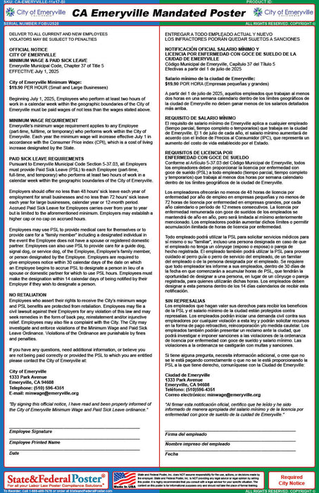 Emeryville, California Mandated City Poster (Bilingual) - State and Federal Poster