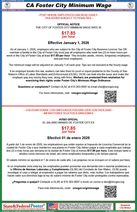 Foster City, California Minimum Wage Poster (Bilingual)