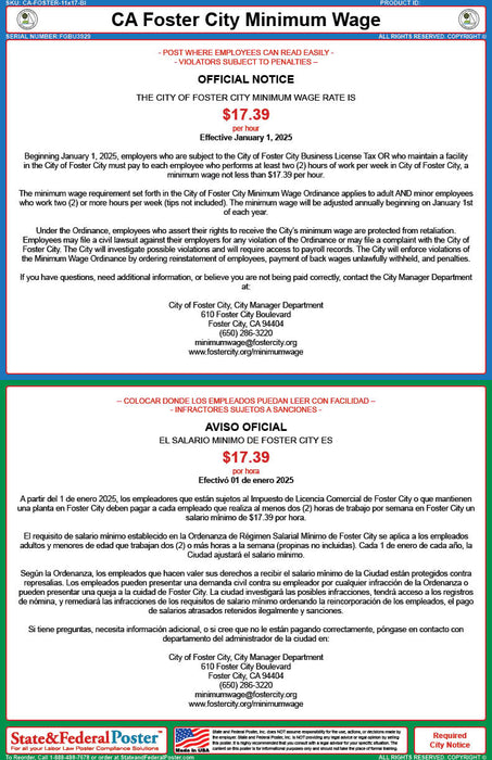 Digital Foster City, California Minimum Wage Poster (Bilingual)