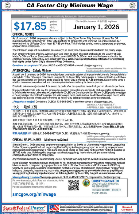 Digital Foster City, California Minimum Wage Poster (Multilingual) - State and Federal Poster