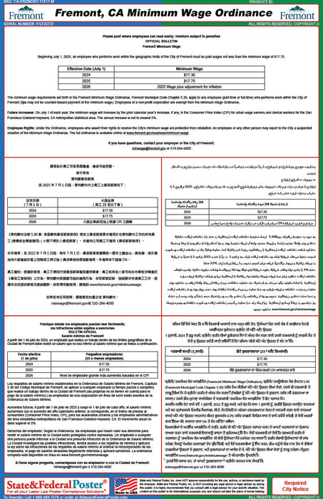 Digital Fremont, California Minimum Wage City Poster (Multilingual)