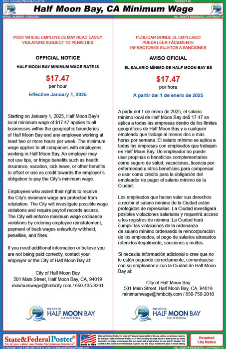 Digital Half Moon Bay, California Minimum Wage Poster (Bilingual)