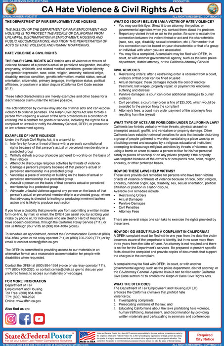California Hate Violence & Civil Rights Ordinance Poster - State and Federal Poster