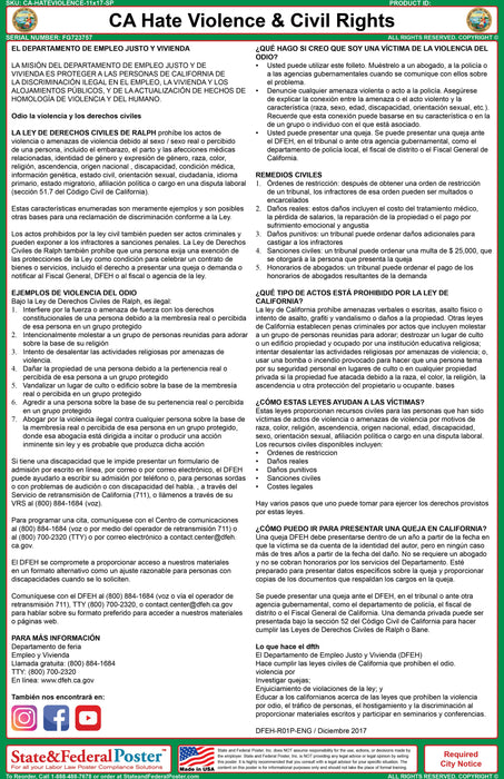 California Hate Violence & Civil Rights Ordinance Poster - State and Federal Poster