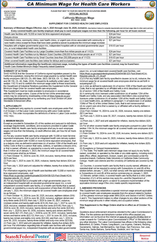 CA Minimum Wage for Health Care Workers - State and Federal Poster