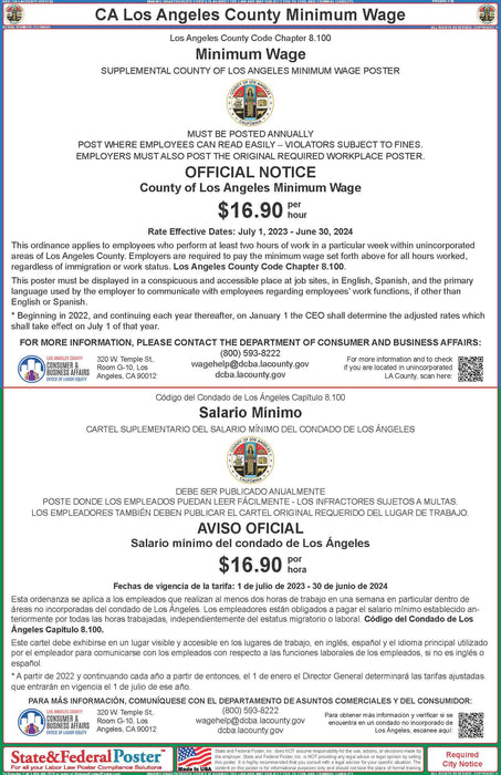 Los Angeles County CA Minimum Wage Poster (Bilingual)