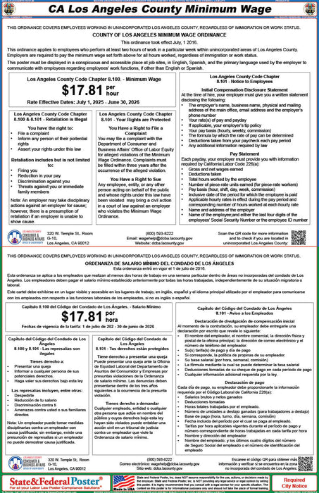 Los Angeles County CA Minimum Wage Poster (Bilingual)