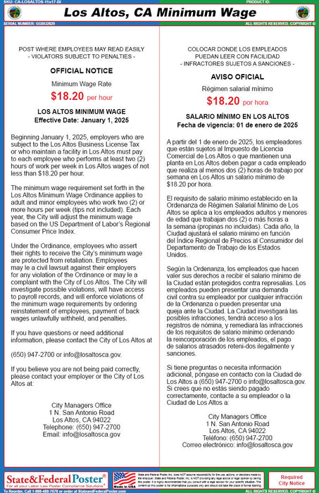 Los Altos, California Minimum Wage Poster (Bilingual) - State and Federal Poster