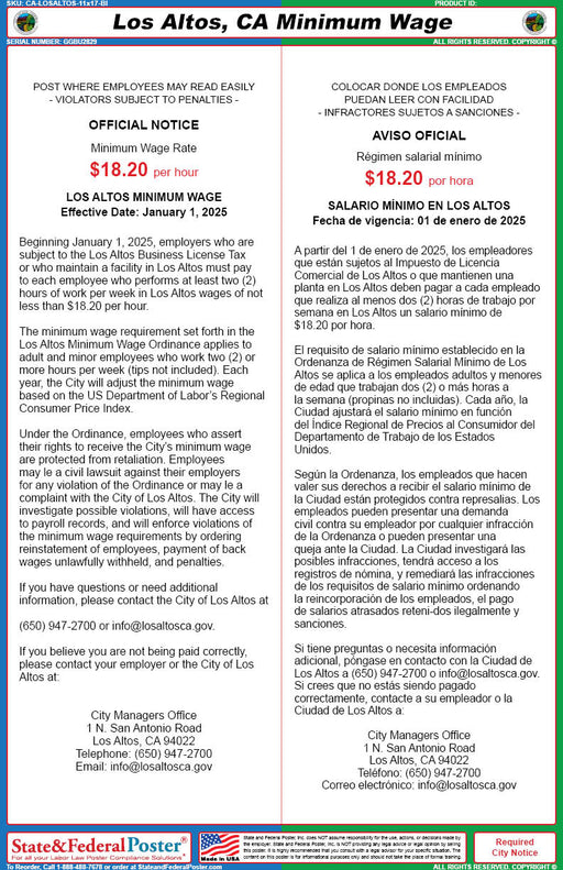 Los Altos, California Minimum Wage Poster (Bilingual) - State and Federal Poster