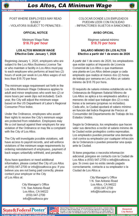 Los Altos, California Minimum Wage Poster (Bilingual)