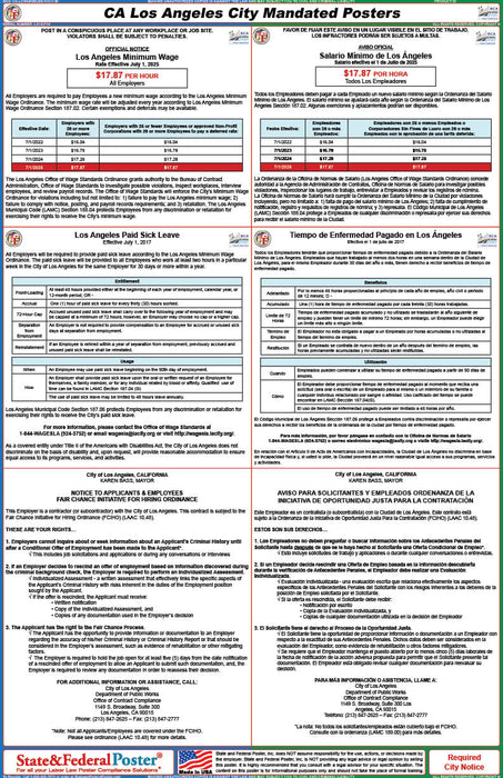 Los Angeles, California City Labor Law Poster (Bilingual) - State and Federal Poster