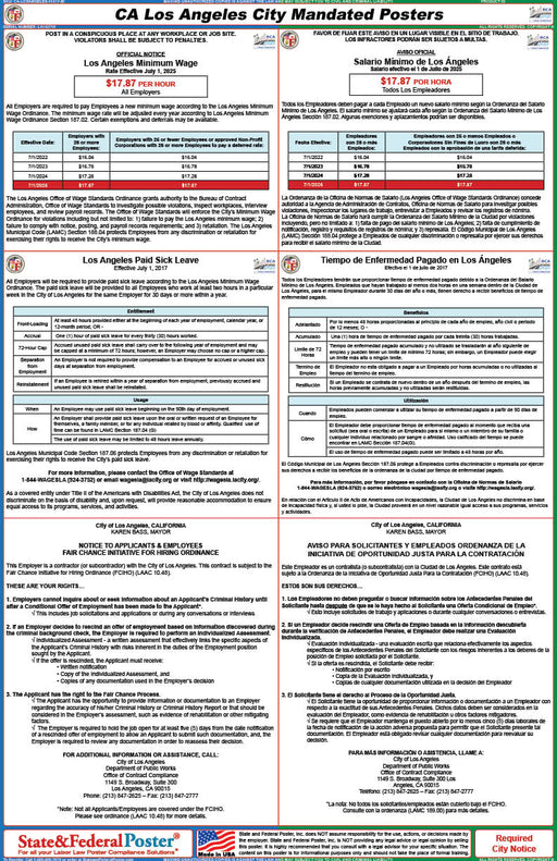 Los Angeles, California City Labor Law Poster (Bilingual) - State and Federal Poster