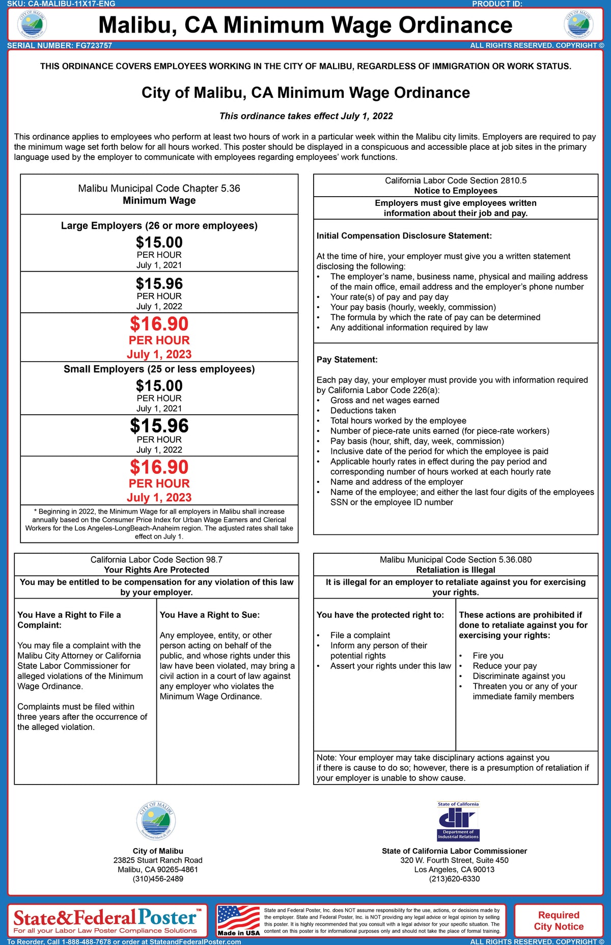 Malibu, California Minimum Wage Ordinance — State and Federal Poster