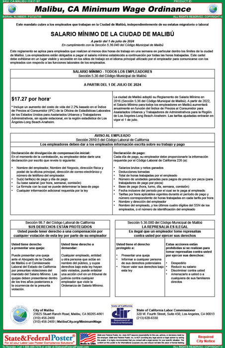Malibu, California Minimum Wage  Ordinance - State and Federal Poster