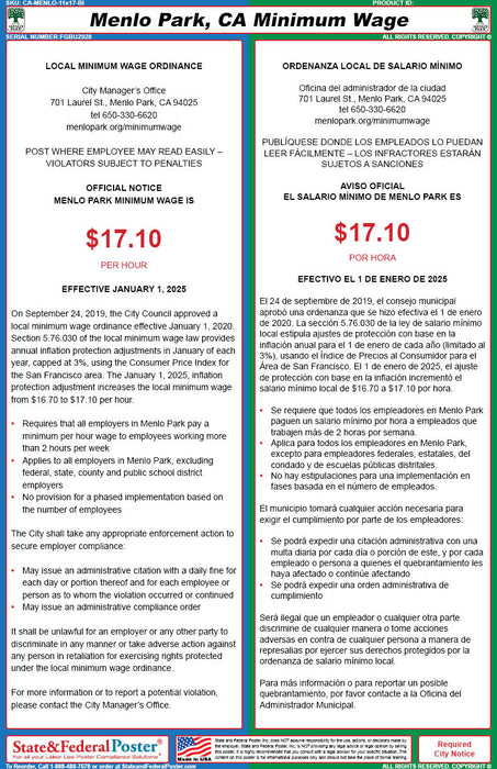 Menlo Park, California Minimum Wage Poster (Bilingual) - State and Federal Poster