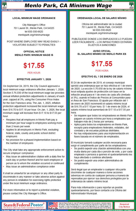 Menlo Park, California Minimum Wage Poster (Bilingual)