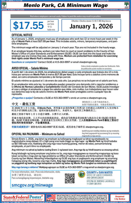 Digital Menlo Park, California Minimum Wage Poster (Multilingual) - State and Federal Poster