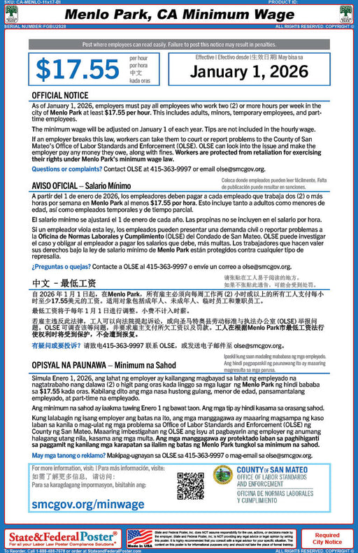 Digital Menlo Park, California Minimum Wage Poster (Multilingual) - State and Federal Poster