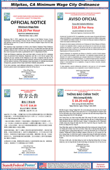 Milpitas, California Minimum Wage Poster (Multilingual) - State and Federal Poster